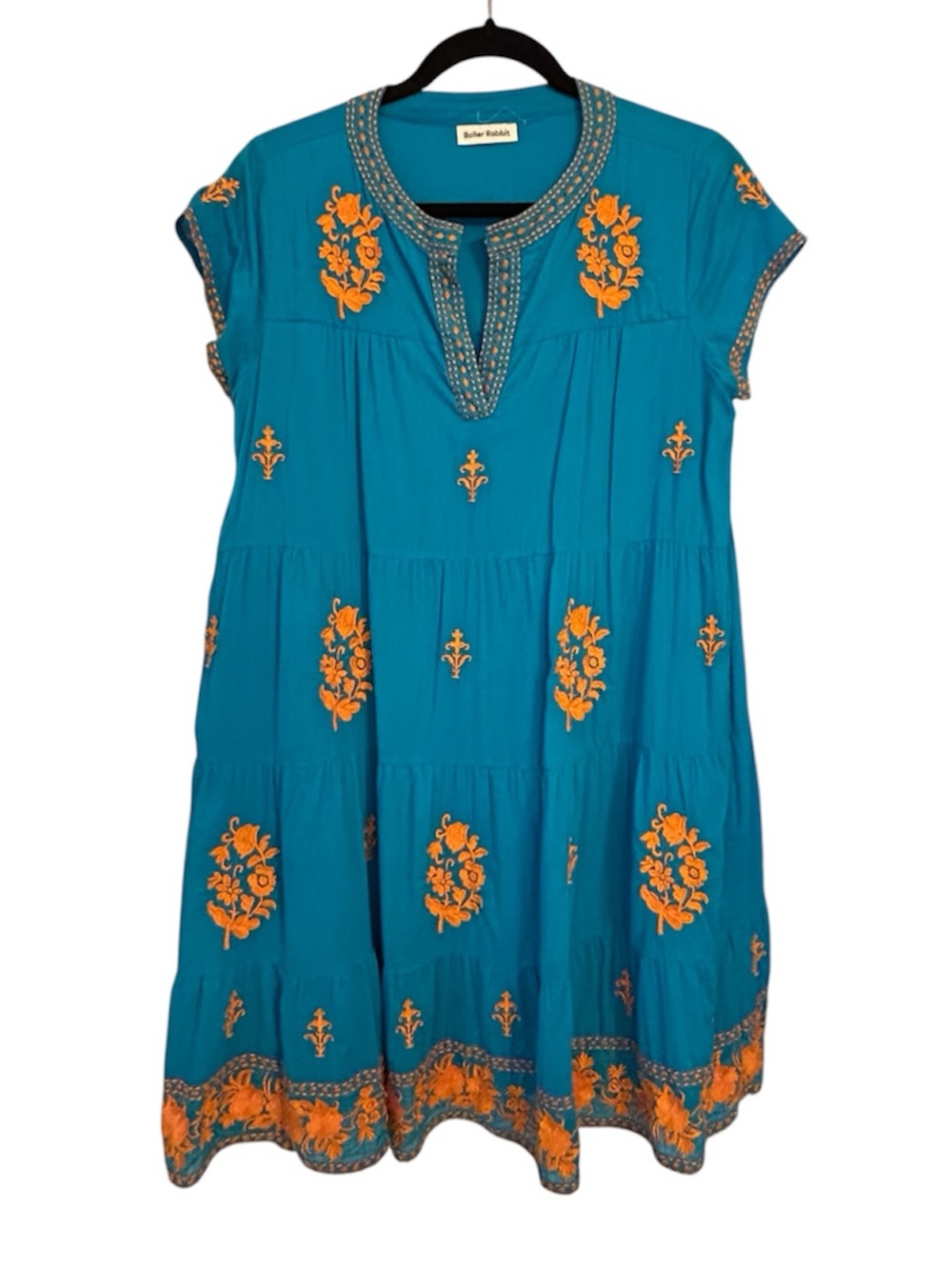 Roller Rabbit Bright Blue Cotton Tiered Dress with Orange Embroidery Size Large